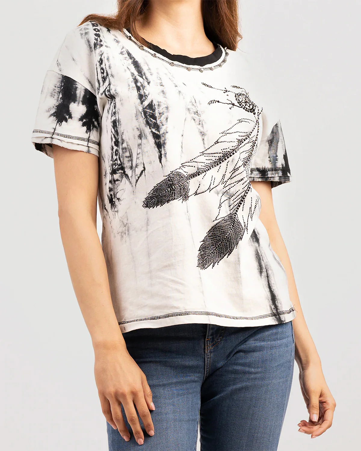 Feather Print Mineral Washed Tee with Crystals - Image 3